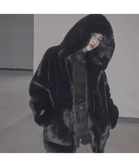 Korean Hooded Faux Rabbit Fur Winter Clothes Women Solid Color Zipper Big Pocket Medium Long Coat Women Warm Oversized Coats ...