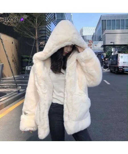 Korean Hooded Faux Rabbit Fur Winter Clothes Women Solid Color Zipper Big Pocket Medium Long Coat Women Warm Oversized Coats ...