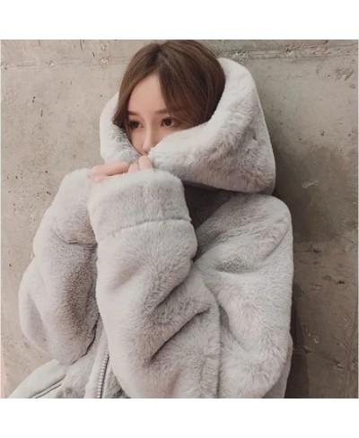 Korean Hooded Faux Rabbit Fur Winter Clothes Women Solid Color Zipper Big Pocket Medium Long Coat Women Warm Oversized Coats ...