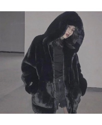 Korean Hooded Faux Rabbit Fur Winter Clothes Women Solid Color Zipper Big Pocket Medium Long Coat Women Warm Oversized Coats ...