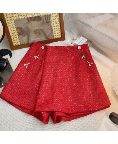 2022 New Red High Waist Tweed Shorts Zipper Shorts Wigh Leg Shorts Casual Female Loose Fit Shorts Chic Female $31.88 - Bottoms