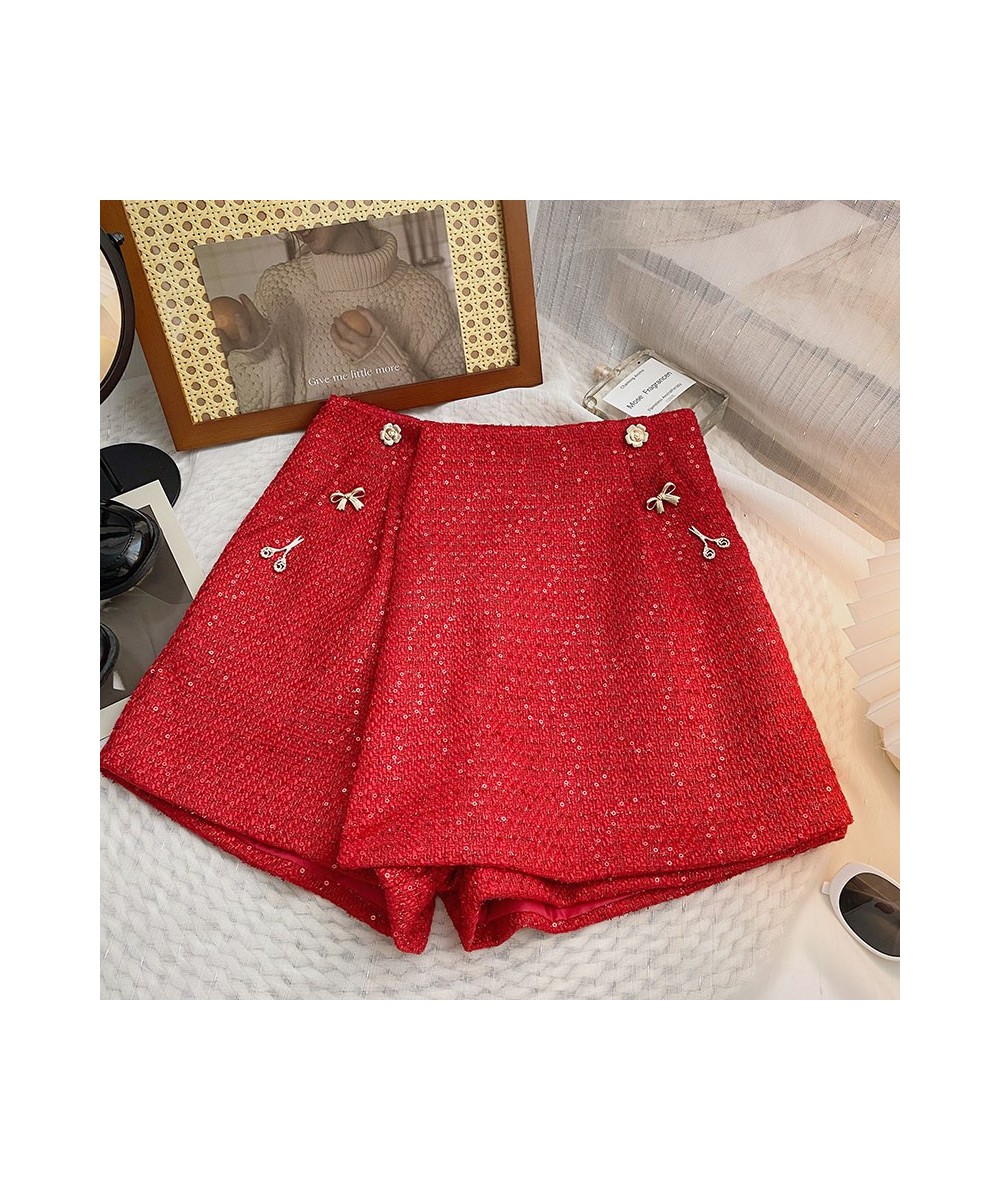 2022 New Red High Waist Tweed Shorts Zipper Shorts Wigh Leg Shorts Casual Female Loose Fit Shorts Chic Female $31.88 - Bottoms