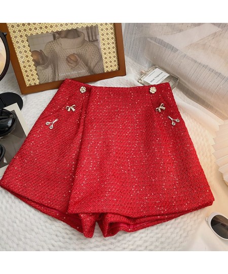 2022 New Red High Waist Tweed Shorts Zipper Shorts Wigh Leg Shorts Casual Female Loose Fit Shorts Chic Female $31.88 - Bottoms