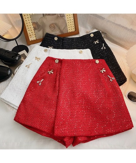 2022 New Red High Waist Tweed Shorts Zipper Shorts Wigh Leg Shorts Casual Female Loose Fit Shorts Chic Female $31.88 - Bottoms