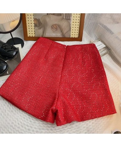 2022 New Red High Waist Tweed Shorts Zipper Shorts Wigh Leg Shorts Casual Female Loose Fit Shorts Chic Female $31.88 - Bottoms