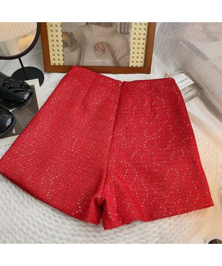 2022 New Red High Waist Tweed Shorts Zipper Shorts Wigh Leg Shorts Casual Female Loose Fit Shorts Chic Female $31.88 - Bottoms