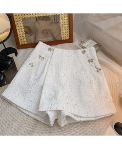 2022 New Red High Waist Tweed Shorts Zipper Shorts Wigh Leg Shorts Casual Female Loose Fit Shorts Chic Female $31.88 - Bottoms