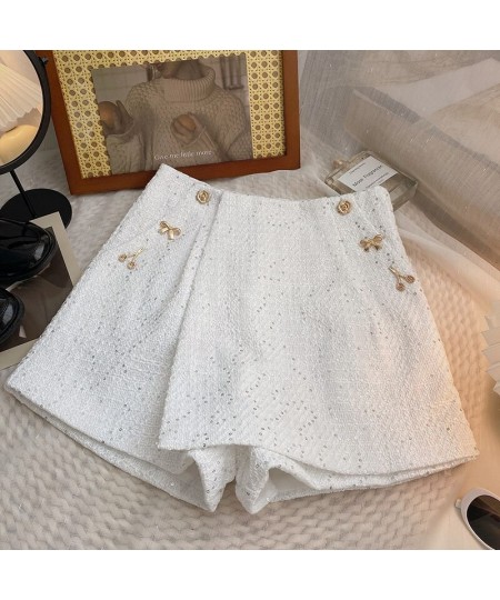 2022 New Red High Waist Tweed Shorts Zipper Shorts Wigh Leg Shorts Casual Female Loose Fit Shorts Chic Female $31.88 - Bottoms