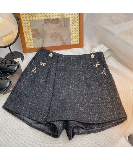 2022 New Red High Waist Tweed Shorts Zipper Shorts Wigh Leg Shorts Casual Female Loose Fit Shorts Chic Female $31.88 - Bottoms