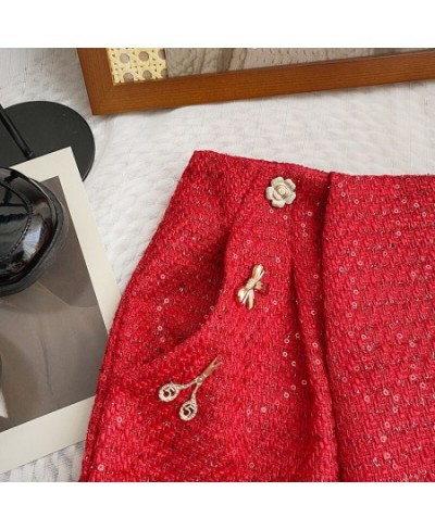 2022 New Red High Waist Tweed Shorts Zipper Shorts Wigh Leg Shorts Casual Female Loose Fit Shorts Chic Female $31.88 - Bottoms