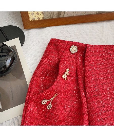 2022 New Red High Waist Tweed Shorts Zipper Shorts Wigh Leg Shorts Casual Female Loose Fit Shorts Chic Female $31.88 - Bottoms