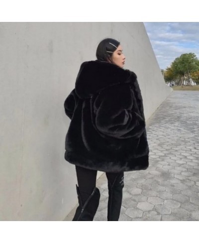 Korean Hooded Faux Rabbit Fur Winter Clothes Women Solid Color Zipper Big Pocket Medium Long Coat Women Warm Oversized Coats ...