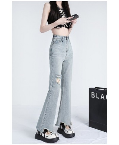 Light color ripped micro ripped jeans women's summer thin style high waist show thin person design sense irregular flare pant...