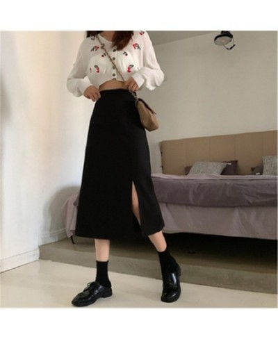 Skirts Women Black High-waist Side-split Midi Skirt Ladies Stretchy Body-con A-line Vintage Elegant All-match Simple Fashion ...