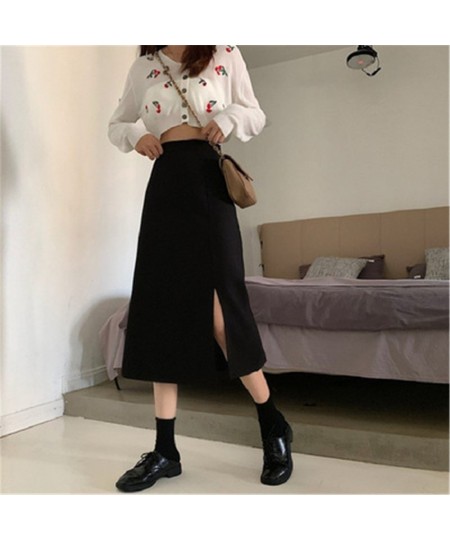 Skirts Women Black High-waist Side-split Midi Skirt Ladies Stretchy Body-con A-line Vintage Elegant All-match Simple Fashion ...