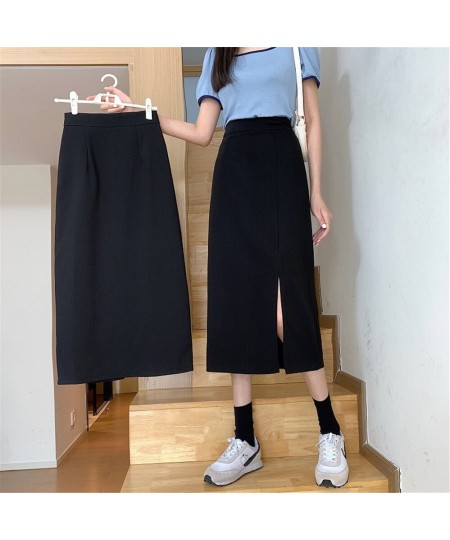 Skirts Women Black High-waist Side-split Midi Skirt Ladies Stretchy Body-con A-line Vintage Elegant All-match Simple Fashion ...