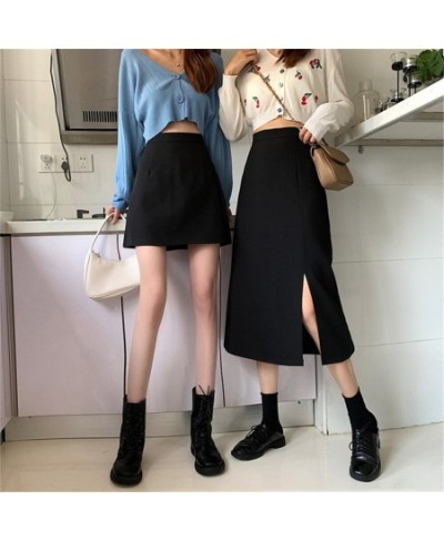 Skirts Women Black High-waist Side-split Midi Skirt Ladies Stretchy Body-con A-line Vintage Elegant All-match Simple Fashion ...