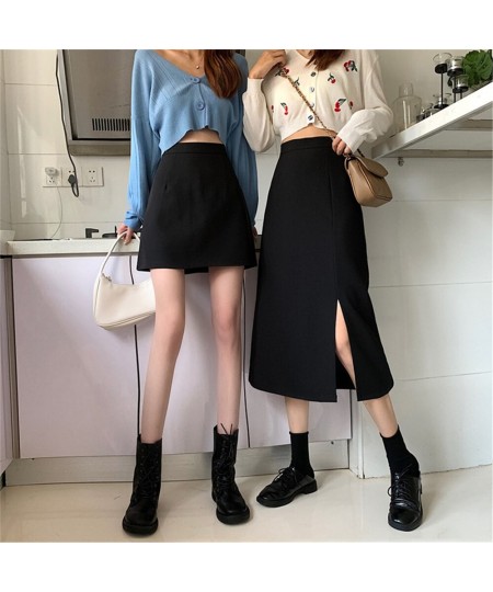 Skirts Women Black High-waist Side-split Midi Skirt Ladies Stretchy Body-con A-line Vintage Elegant All-match Simple Fashion ...