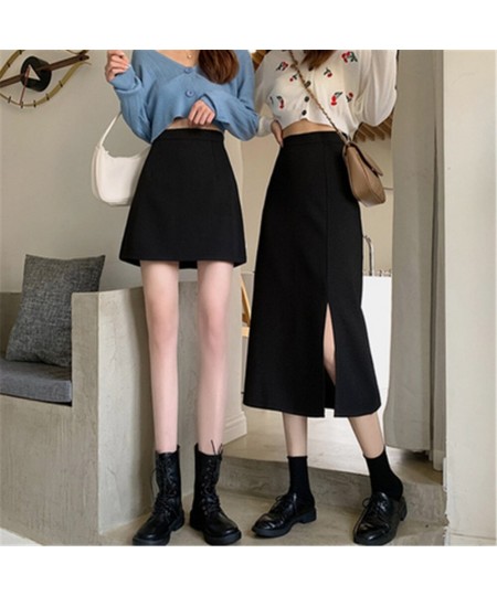 Skirts Women Black High-waist Side-split Midi Skirt Ladies Stretchy Body-con A-line Vintage Elegant All-match Simple Fashion ...