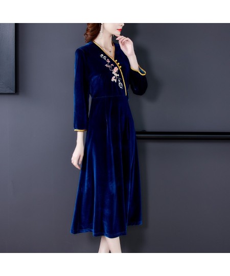 2022 Women Autumn Elegant A-Line Velvet Dress Office Lady High Quality Embroidery Robe Femme Vintage Designer Clothing $65.53...