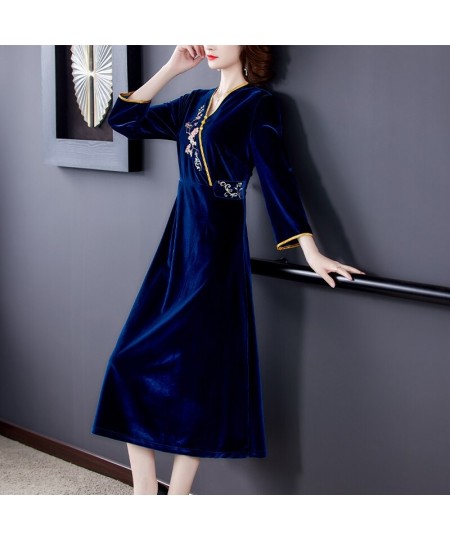 2022 Women Autumn Elegant A-Line Velvet Dress Office Lady High Quality Embroidery Robe Femme Vintage Designer Clothing $65.53...