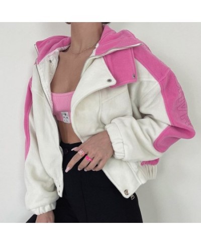 Trendy Color Contrast Design High-necked Plush Jacket Waist Loose Loose Workwear Jacket Cropped Jacket Pink Coat 2022 Harajuk...