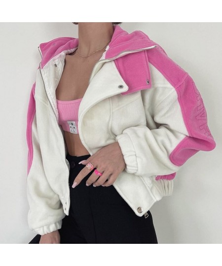 Trendy Color Contrast Design High-necked Plush Jacket Waist Loose Loose Workwear Jacket Cropped Jacket Pink Coat 2022 Harajuk...