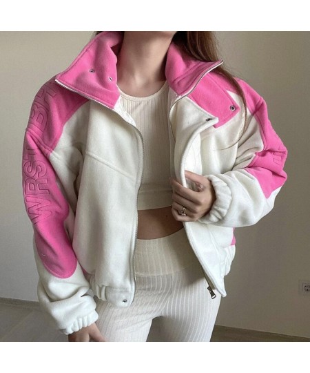 Trendy Color Contrast Design High-necked Plush Jacket Waist Loose Loose Workwear Jacket Cropped Jacket Pink Coat 2022 Harajuk...