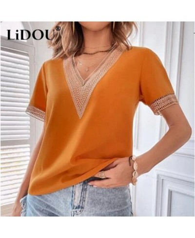 Summer New Fashion Lace Patchwork Loose Casual T-shirt Top Women Elegant Simple Short Sleeve Pullover Tee Female V-neck Shirt...