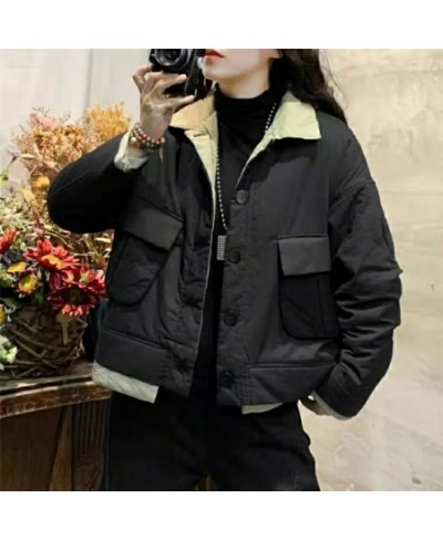 2022 Autumn Winter Womens Cotton Padded Short Jacket Female Loose Lapel Button Up Coats for Women Casual Outerwear Parkas Bla...