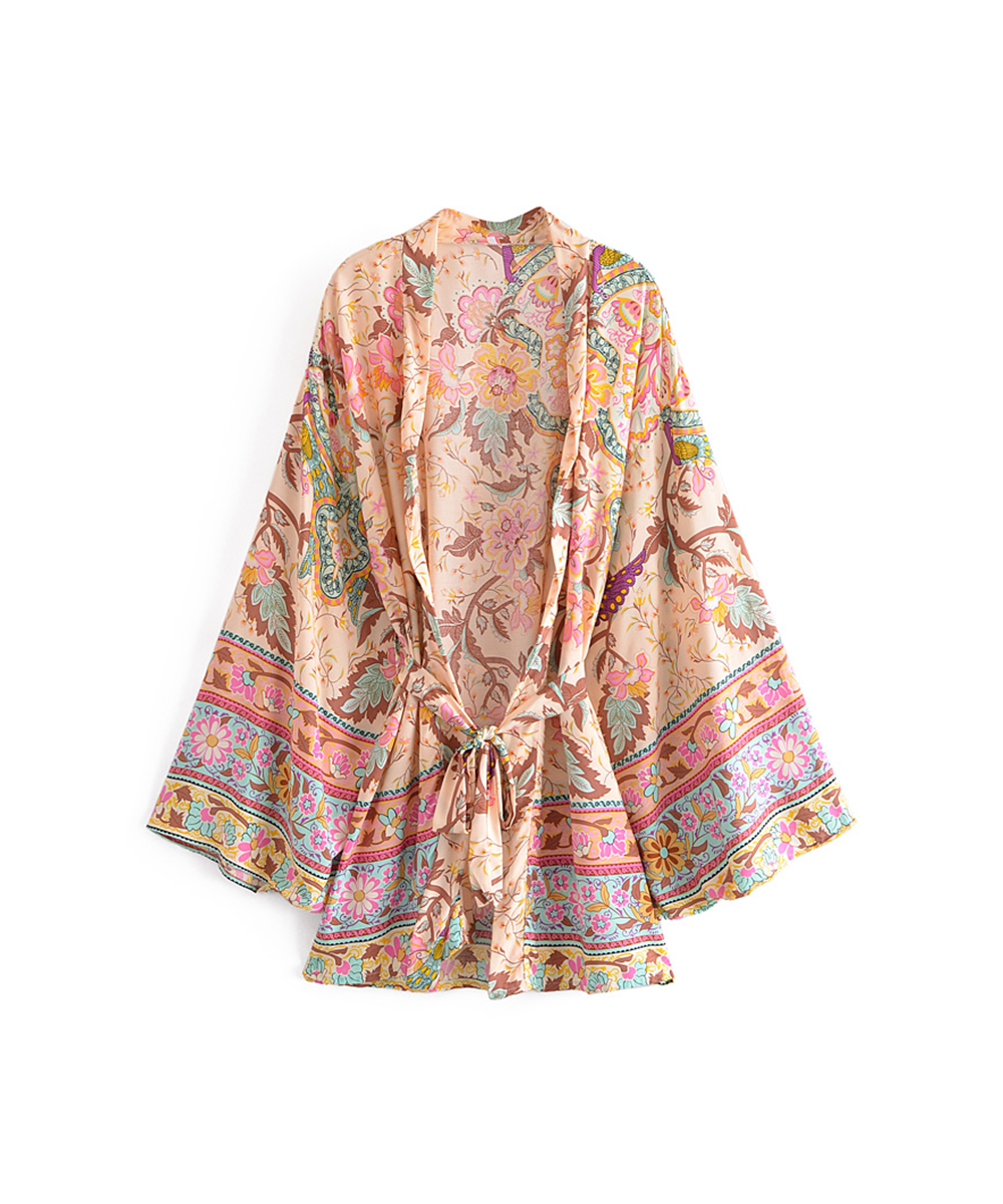 Vintage Peacock Floral Print Sashes Bohemian Kimono Women V Neck Batwing Sleeves Short Robe Boho Bikini Cover-ups $34.82 - Sw...