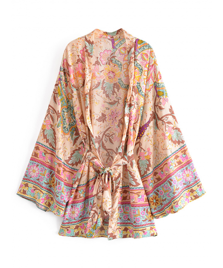 Vintage Peacock Floral Print Sashes Bohemian Kimono Women V Neck Batwing Sleeves Short Robe Boho Bikini Cover-ups $34.82 - Sw...