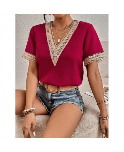 Summer New Fashion Lace Patchwork Loose Casual T-shirt Top Women Elegant Simple Short Sleeve Pullover Tee Female V-neck Shirt...