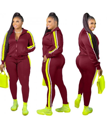 L-4XL Sport large plus size two piece set women clothing Splicing zip long sleeve top and pants suit Wholesale dropshopping $...