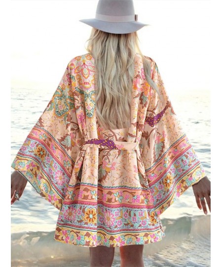 Vintage Peacock Floral Print Sashes Bohemian Kimono Women V Neck Batwing Sleeves Short Robe Boho Bikini Cover-ups $34.82 - Sw...