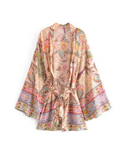 Vintage Peacock Floral Print Sashes Bohemian Kimono Women V Neck Batwing Sleeves Short Robe Boho Bikini Cover-ups $34.82 - Sw...