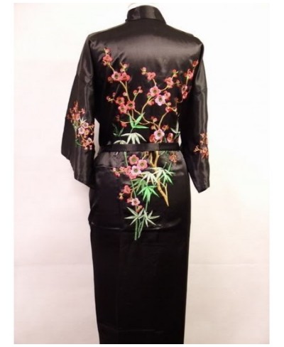 Black Chinese Women's Satin Silk Embroidery Robe Kimono Bath Gown Flower Size S M L XL XXL XXXL W3S002 $48.46 - Sleepwears