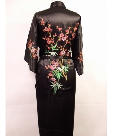 Black Chinese Women's Satin Silk Embroidery Robe Kimono Bath Gown Flower Size S M L XL XXL XXXL W3S002 $48.46 - Sleepwears