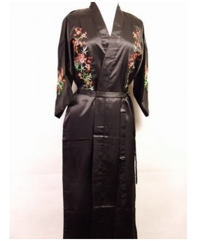 Black Chinese Women's Satin Silk Embroidery Robe Kimono Bath Gown Flower Size S M L XL XXL XXXL W3S002 $48.46 - Sleepwears