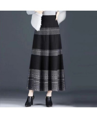 Pendulous Knitting Cotton Large Hem Skirt Screw Thread Retro Dark Colors Ankle-length Empire Pleated Patchwork Women's Clothi...