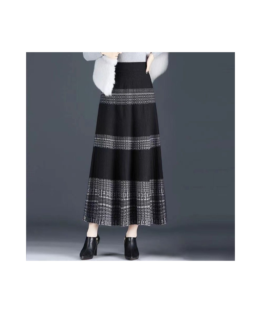 Pendulous Knitting Cotton Large Hem Skirt Screw Thread Retro Dark Colors Ankle-length Empire Pleated Patchwork Women's Clothi...