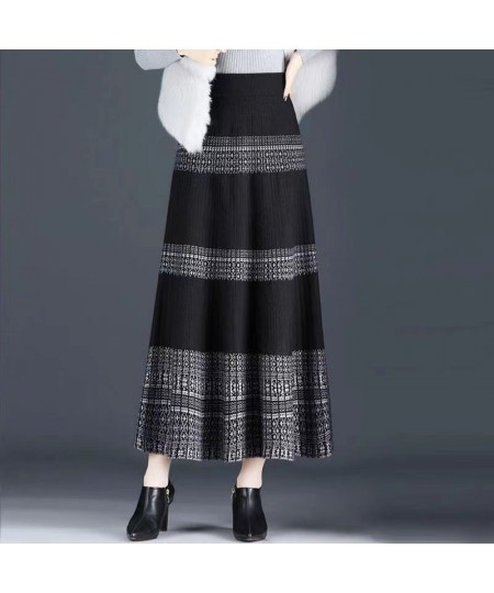 Pendulous Knitting Cotton Large Hem Skirt Screw Thread Retro Dark Colors Ankle-length Empire Pleated Patchwork Women's Clothi...