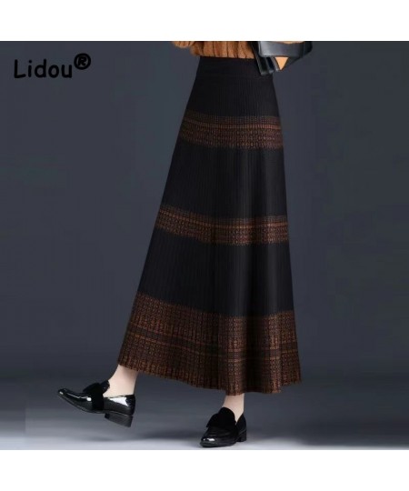 Pendulous Knitting Cotton Large Hem Skirt Screw Thread Retro Dark Colors Ankle-length Empire Pleated Patchwork Women's Clothi...