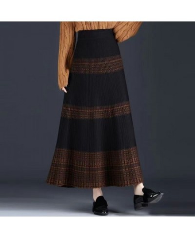 Pendulous Knitting Cotton Large Hem Skirt Screw Thread Retro Dark Colors Ankle-length Empire Pleated Patchwork Women's Clothi...