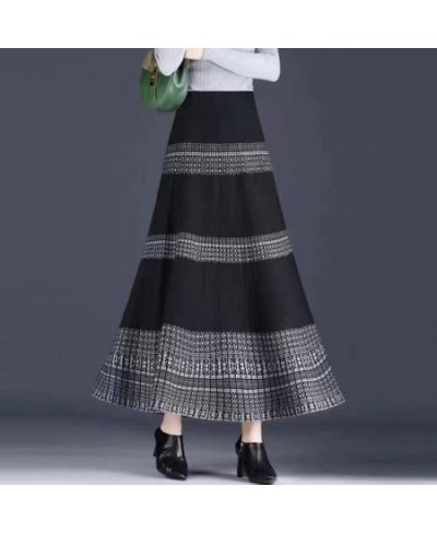 Pendulous Knitting Cotton Large Hem Skirt Screw Thread Retro Dark Colors Ankle-length Empire Pleated Patchwork Women's Clothi...