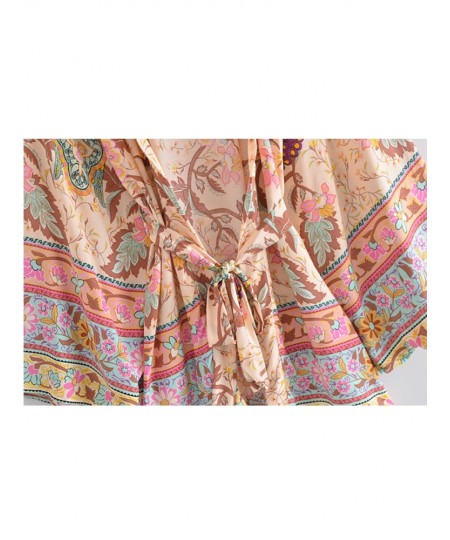 Vintage Peacock Floral Print Sashes Bohemian Kimono Women V Neck Batwing Sleeves Short Robe Boho Bikini Cover-ups $34.82 - Sw...