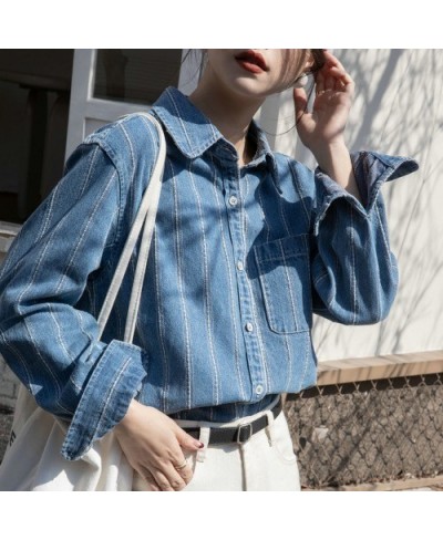 Striped denim shirt Women's spring and autumn new vintage fashion casual long-sleeved shirt top $63.14 - Tops & Tees