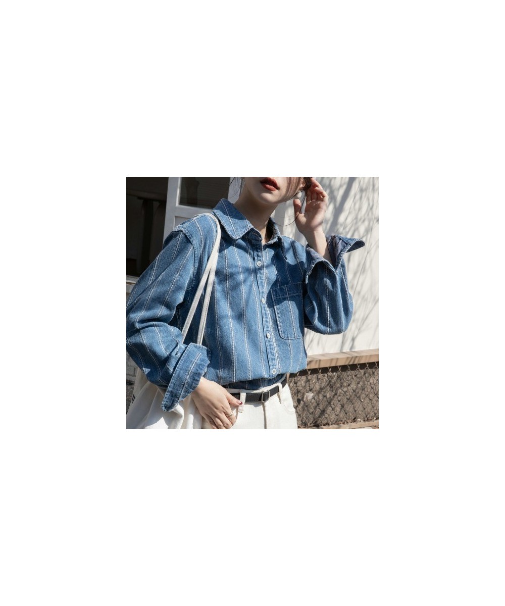 Striped denim shirt Women's spring and autumn new vintage fashion casual long-sleeved shirt top $63.14 - Tops & Tees