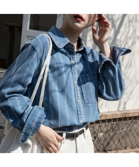 Striped denim shirt Women's spring and autumn new vintage fashion casual long-sleeved shirt top $63.14 - Tops & Tees