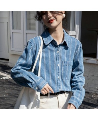 Striped denim shirt Women's spring and autumn new vintage fashion casual long-sleeved shirt top $63.14 - Tops & Tees